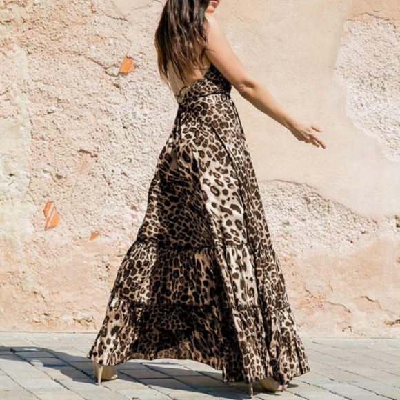 🌸LEOPARD DRESS ANIMAL PRINT MAXI LONG RUFFLE BOHO - Picture 3 of 8